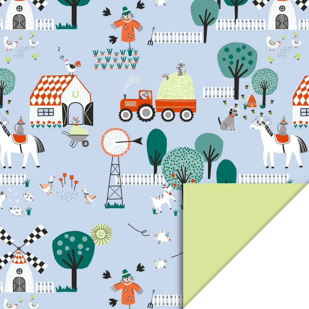 Cadeaupapier farm blue lime 70cm