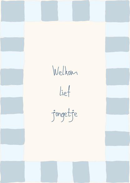 Kaart welkom lief jongetje ruitjes kader