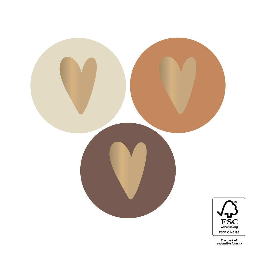 Stickers hartje bruin-goud - 3,5cm 6 stuks