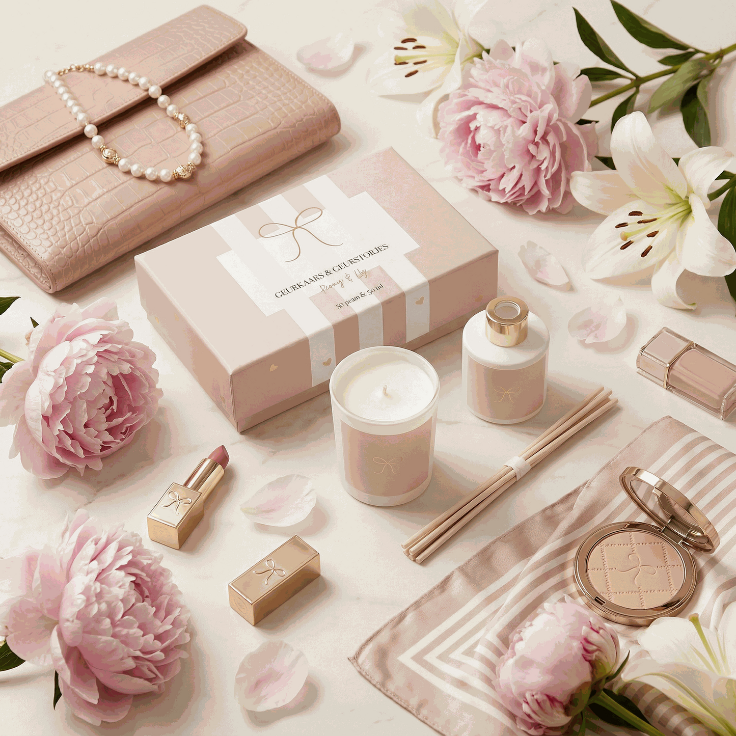 Gift set beige kaars en geurstokjes