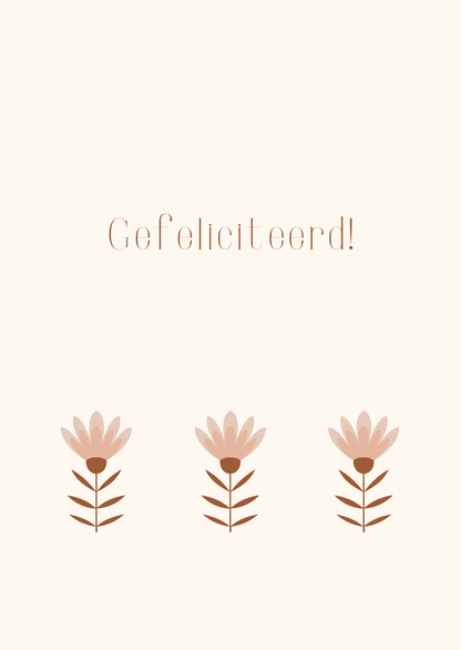 Kaart gefeliciteerd drie roze bloemen