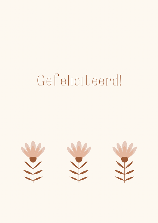 Kaart gefeliciteerd drie roze bloemen