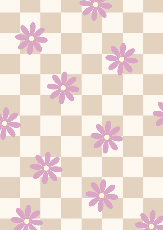 Kaart beige ruitjes met lila bloem