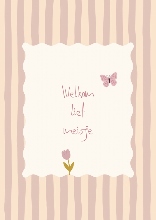 Kaart welkom lief meisje tulp en vlinder